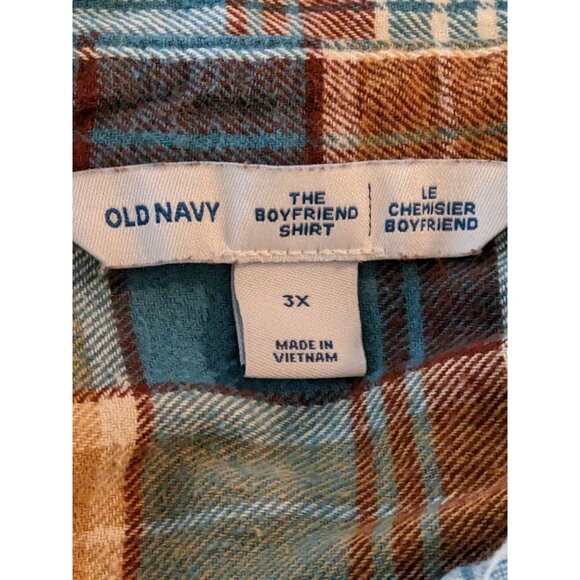 Old Navy The Boyfriend Shirt Flannel Plus 3X Burgundy Blue Plaid Button Up Soft - Picture 4 of 5